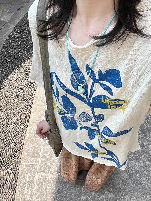 [Original fabric] printed short-sleeved T-shirt women's loose lazy style round neck top