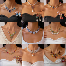 欧美中古风镶钻树脂花朵水滴吊坠项链轻奢高级感锁骨链跨境项饰女