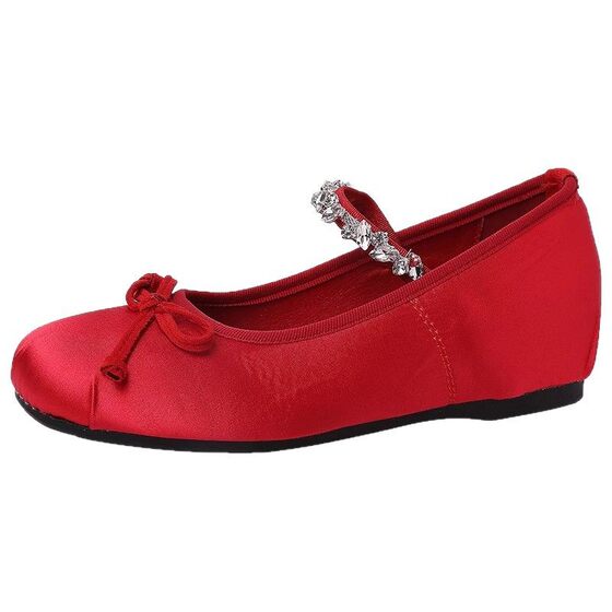 Small Inner Heightened Chunky Heeled Mary Jane Shoes Spring and Summer New Women's Fashion rhinone Chain Clause Satin Ballet Shoes