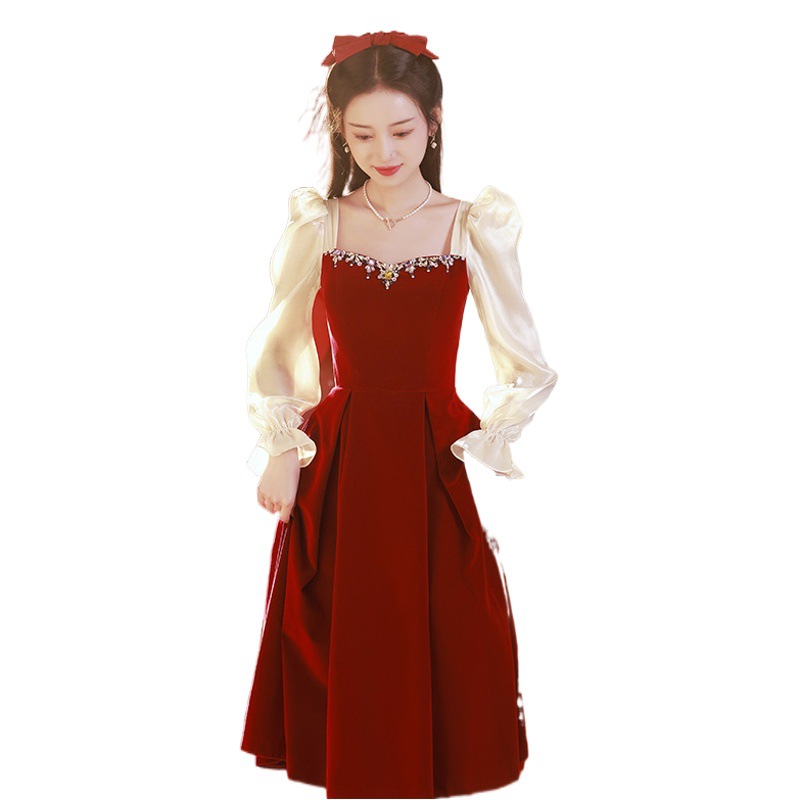 Vestido de novia estilo 2026 en color rojo vino, adecuado para uso diario, con mangas transparentes, vestido de compromiso y vestido de gala para banquete de bodas.