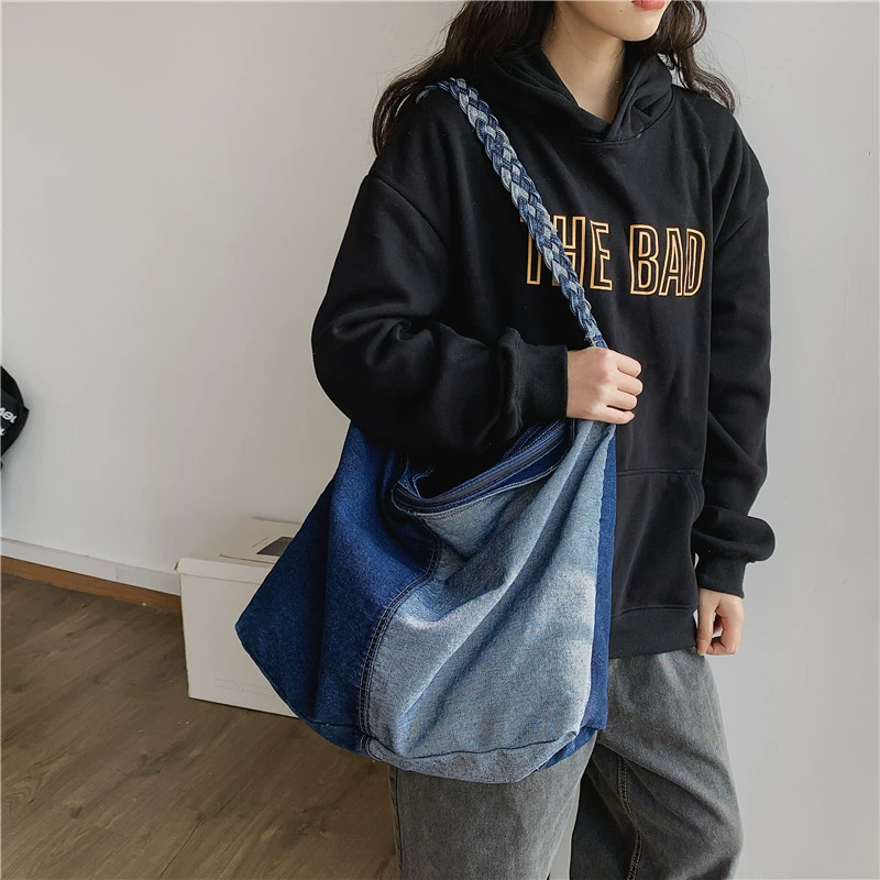 Denim capacious Japanese retro bag strap for leisure one shoulder