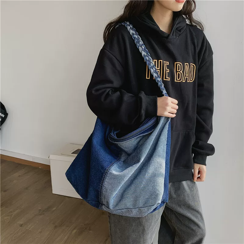 Denim capacious Japanese retro bag strap for leisure one shoulder