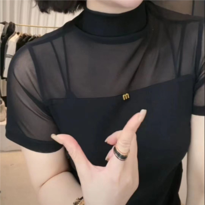 2025 New Summer Style Versatile Sexy Short-Sleeved T-Shirt Half Turtleneck Fashionable Slim-Fitting Shirt Lace Top