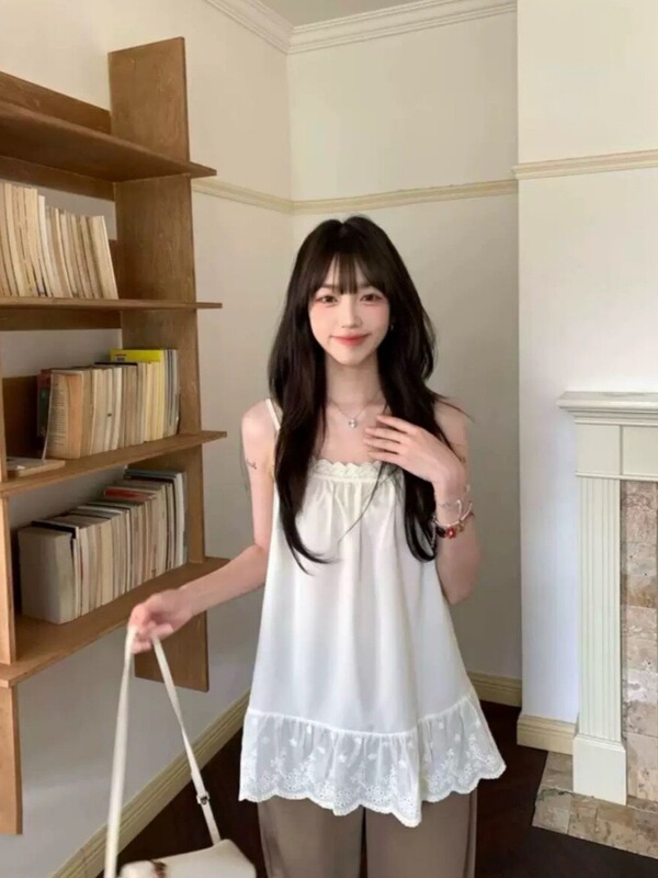 时尚洋气纯色简约蕾丝吊带背心夏季新款宽松显瘦设计感无袖上衣潮|undefined