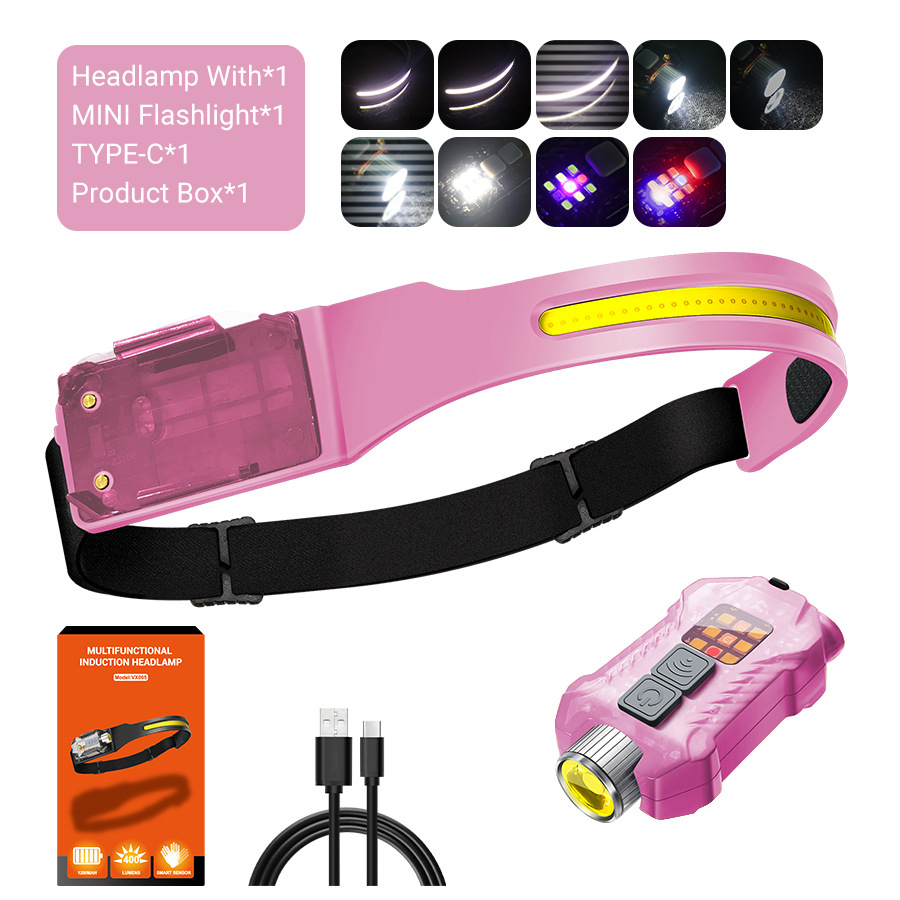 Transfronterizos al aire libre agitando inducción COB faro linterna 2 en 1 correr por la noche pescar luz alta luz luz alta cabeza