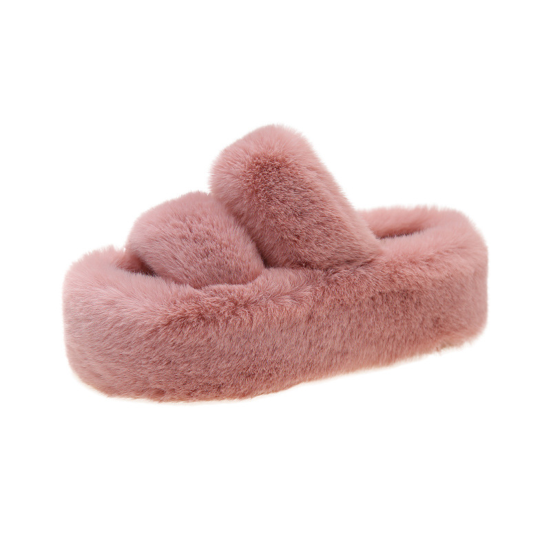 Pantuflas peludas de suela gruesa estilo occidental para mujer, nuevas, de doble cara, para otoño e invierno, de terciopelo rosa y algodón._voghion.com