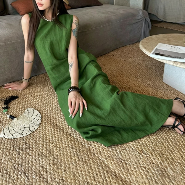 2026 Old Money Style Linen-Cotton Slimming and Height-Enhancing Dress with a Relaxed and Lazy Atmosphere, Extra-Long Ankle-Length Skirt