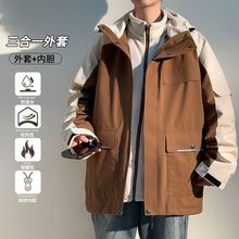 冲锋衣连帽外套男秋冬季加绒加厚加肥加大宽松工装夹克厂家亚马逊