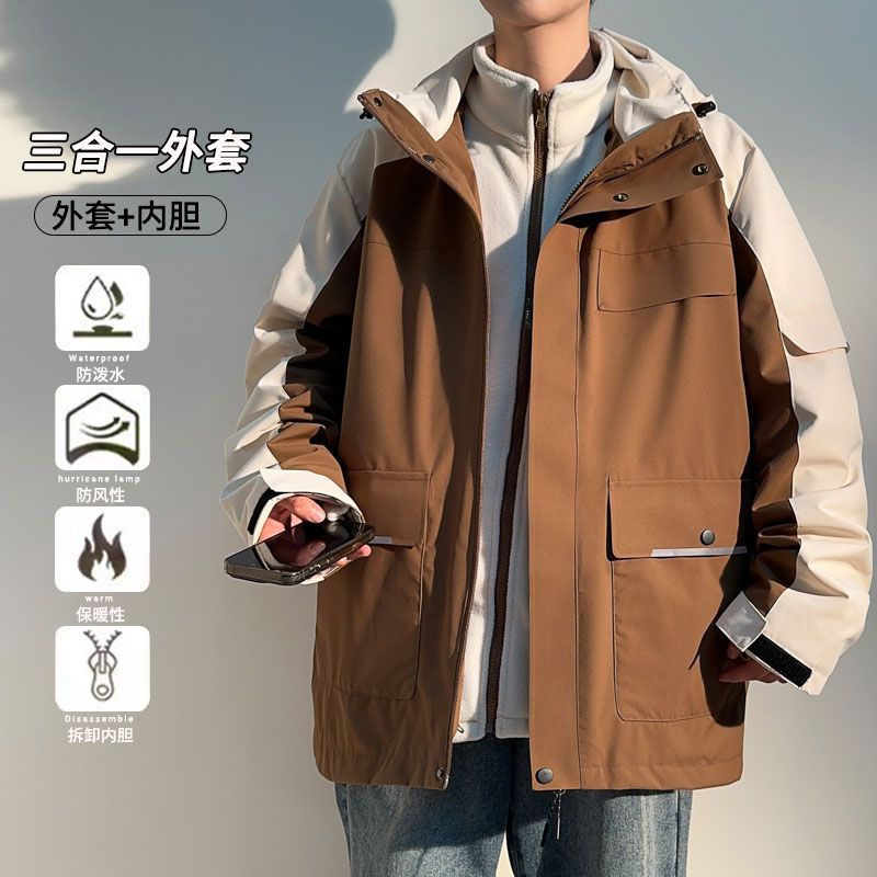 冲锋衣连帽外套男秋冬季加绒加厚加肥加大宽松工装夹克厂家亚马逊