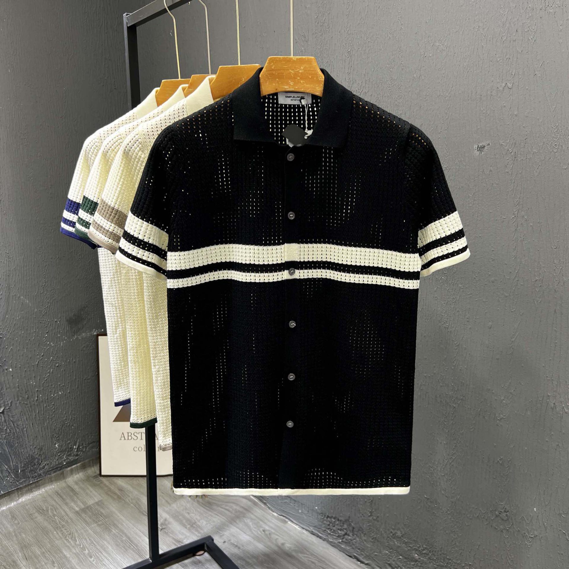 Polo camiseta de punto camiseta de manga corta hombre cardigán agujero rayas viejas camisetas casuales de verano fábrica transfronteriza mayorista