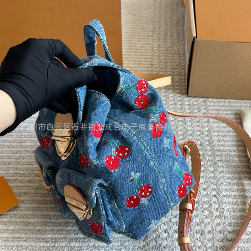 跨境专供欧美复古丹宁牛仔系列樱桃刺绣老花双肩包时尚潮流小背包|undefined