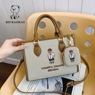 North Bag Source Factory Embroidered Canvas Bear Portable Crossbody Bag Women's Casual Shoulder Bag All-match Commuter Tote Bag