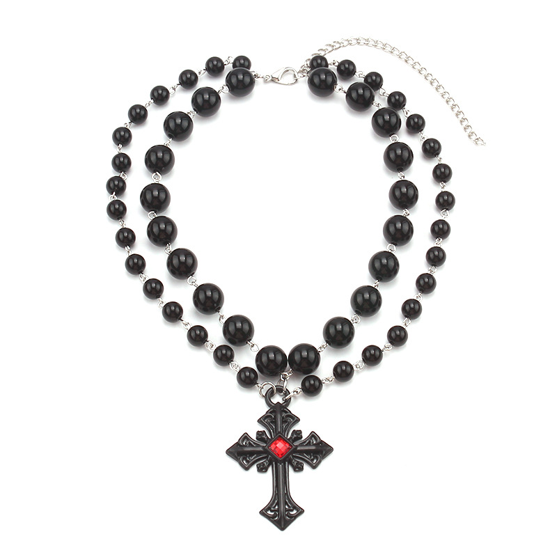 Collier avec pendentif en forme de croix et de perles pour Halloween, style punk hip-hop, personnalité sombre_voghion.com