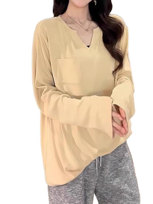 中长款棉V领长袖T恤女2025早秋新款大码胖mm宽松设计感打底上衣|undefined