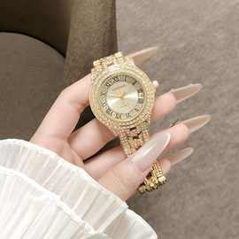 奢华金色镶钻女士石英手表复古罗马数字表盘链条表带潮流腕表批发
