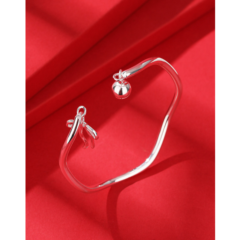 Onda pulsera de plata femenina 999 plata esterlina abierta simple nicho borla arco campana pulsera de plata pura para La novia