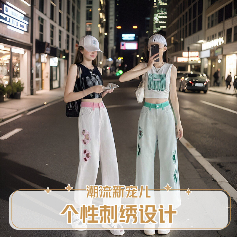 新中国式刺繍の透かし彫りのジーパンの薄いタイプの夏2025新型の高腰はゆったりしていて、やせています。|undefined