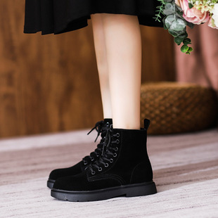 New Style Genuine Leather Boots 2024 British Style Frosted Genuine Leather Women's Boots Mid-heel Flat Short Boots Women's 8-hole Martin Boots Women
