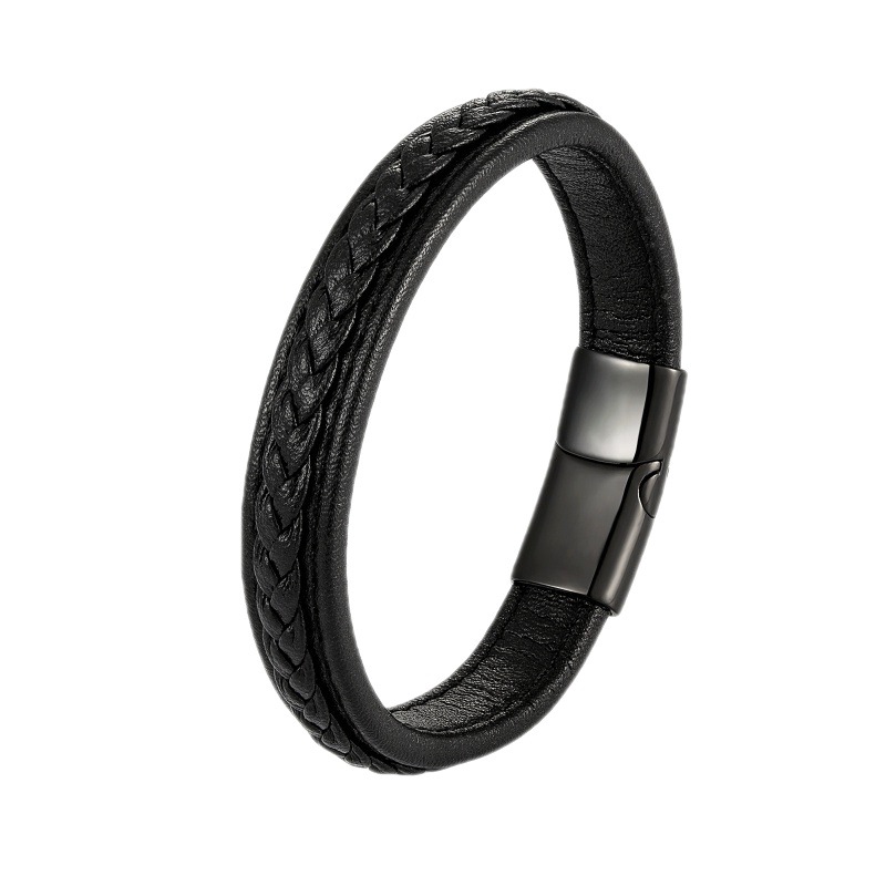 Bracciale in pelle con incisione, fibbia magnetica in acciaio inossidabile, bracciale in pelle di mucca intrecciata, semplice braccialetto da uomo, incisione fai da te_voghion.com