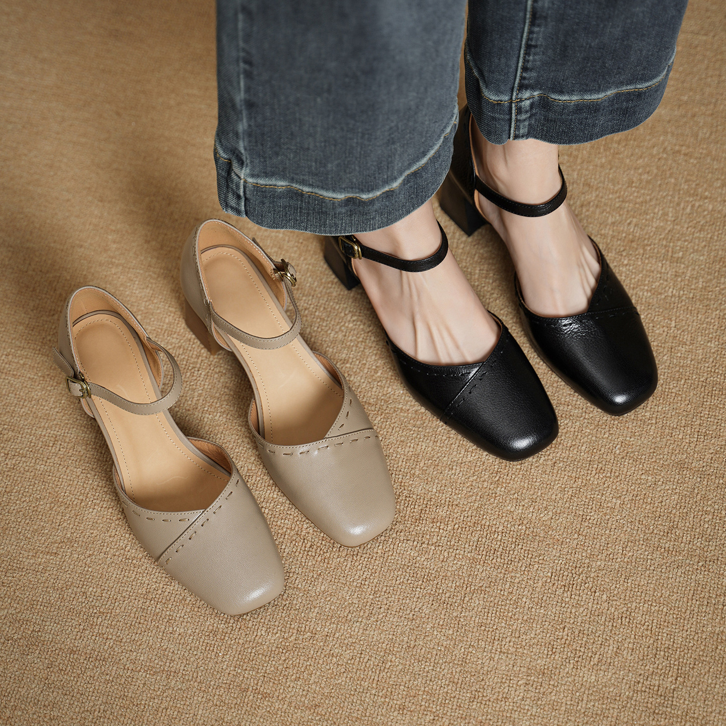 Giày sandal cao gót nữ quai ngang mũi vuông gót 6 cm — đen