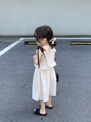 Korean children's summer set with full print polka dot spaghetti strap top and lace hem wide leg pants for girls