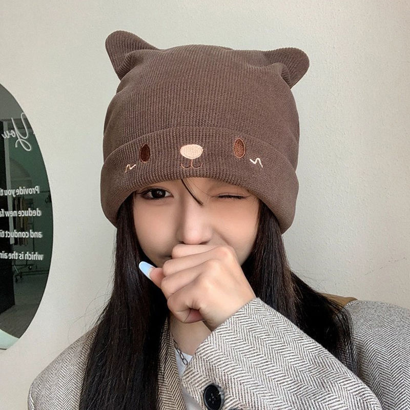 帽子女月子帽产后孕妇秋冬款防风可爱猫耳显脸小大头围堆堆毛线帽|undefined