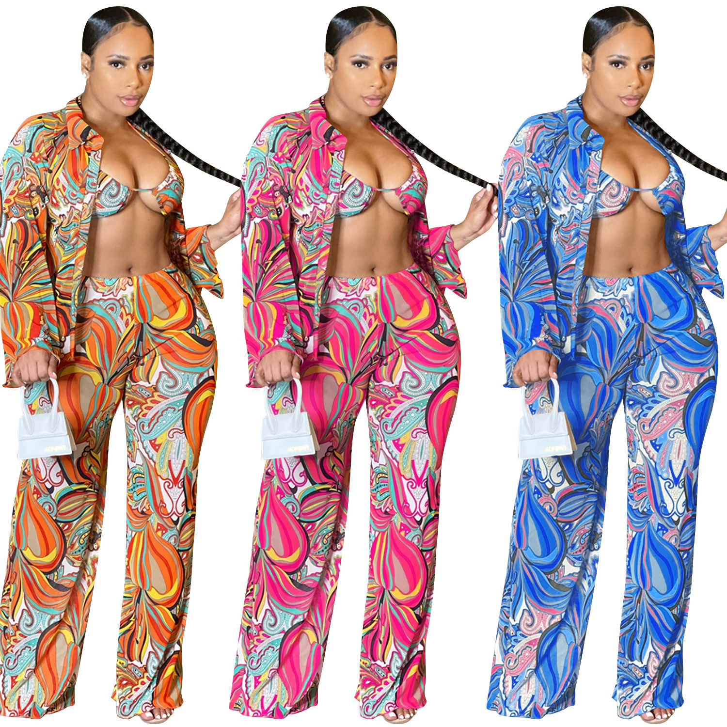 X5839 transfronterizo europeo y americano moda AliExpress Amazonas sexy malla transparente impreso manga larga de tres piezas ropa de mujer