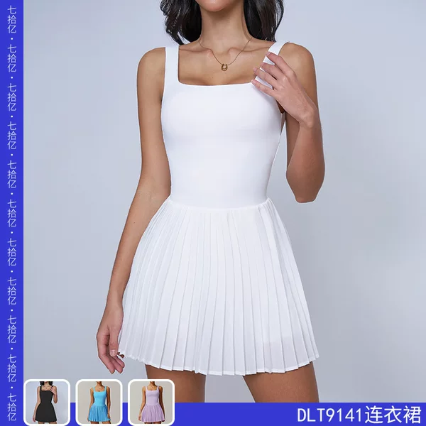 Cross-border Naked Fake Two-piece Tennis Skirt Base Anti-running Fitness Pocket Pleated Skirt Sports dress 9141