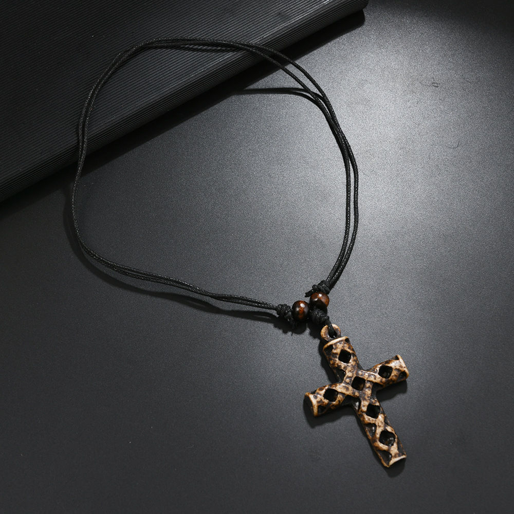 New Personalized Resin Cross Shape Ethnic Style Black Wax Thread Men's Jewelry Necklace_voghion.com