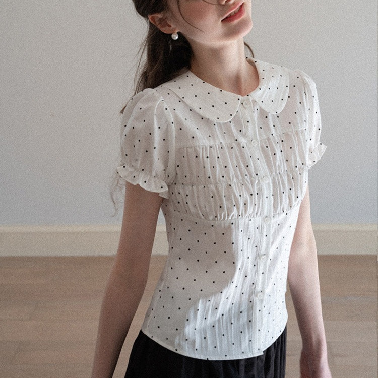 Egka Girl's Lapel Puff Sleeve Polka Dot Shirt, Summer Design Short-Sleeve Elegant Slimming White Top