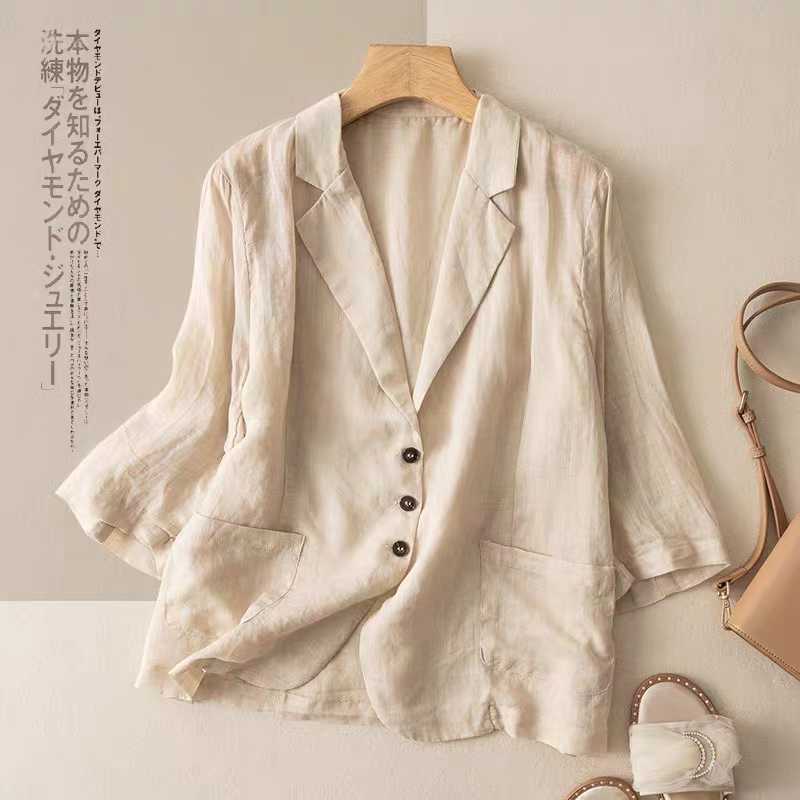 Non-Real Shot Three-Quarter Sleeve Ramie Suit Jacket for Women Summer Thin Cotton and Linen Small Suit Loose and Slim 2025 New Style Non-Real Shot Three-Quarter Sleeve Ramie Suit Jacket for Women Summer Thin Cotton and Linen Small Suit Loose and Slim 2025 New Style