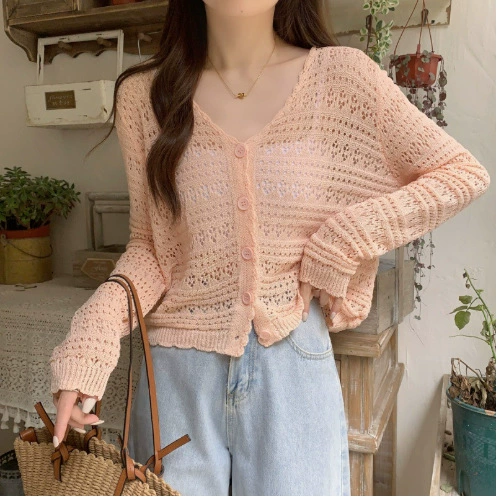 Кардиган 2024, летняя новинка, однотонная тонкая куртка, женская, с длинными рукавами, короткая, ажурная, женская тонкая верхняя одежда