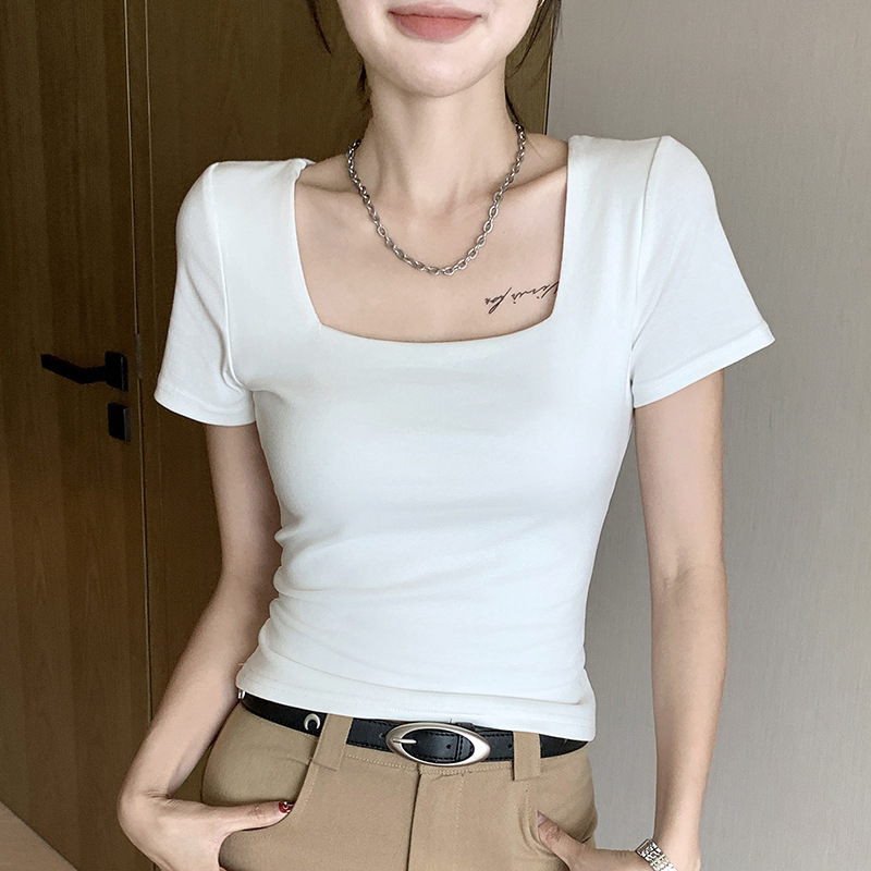 H292方襟プラス肩半袖tシャツ女春夏新作純欲ギャル修身白インナー肩トップス|undefined