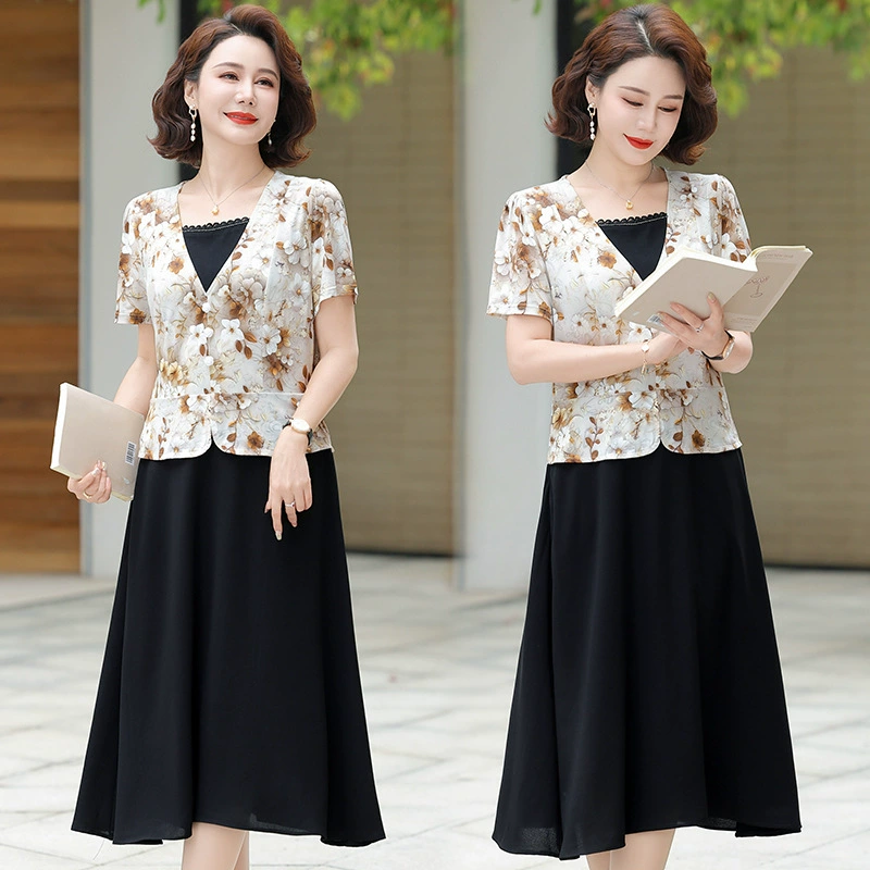 Летнее элегантное шифоновое платье с короткими рукавами для мамы, новинка 2025 года, летняя юбка из двух частей для женщин среднего и пожилого возраста