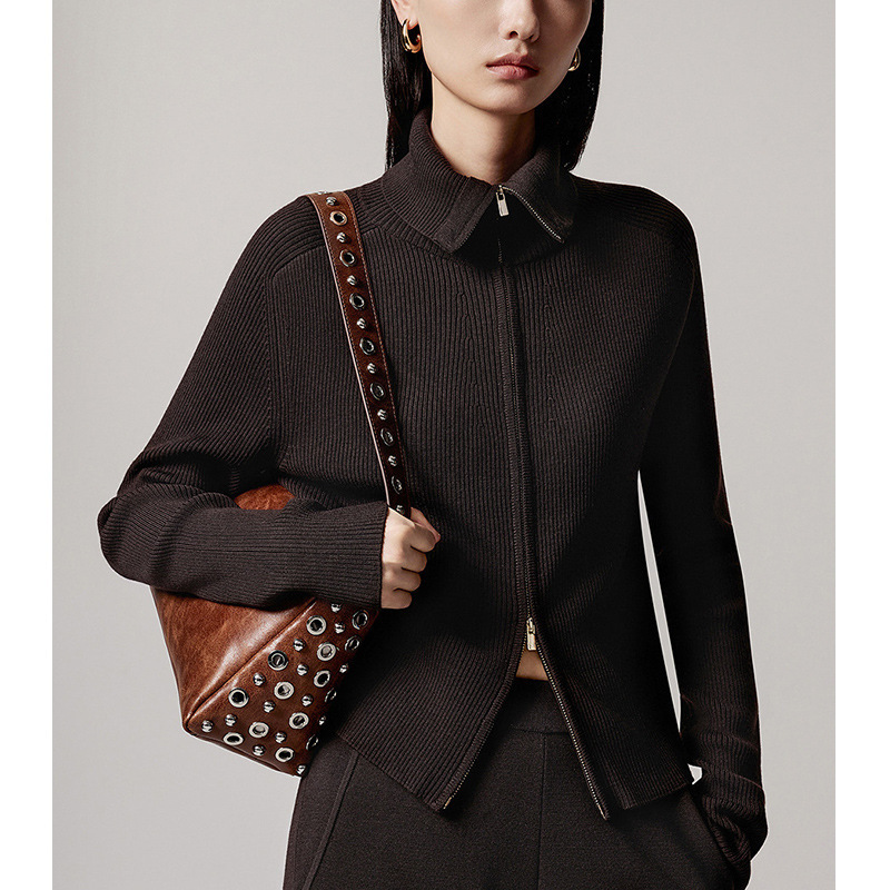 【Lang*Order】2025 Autumn New Wool Double-Zipper Turn-Down Collar Knit Sweater High-Quality Elegant Cardigan for Women