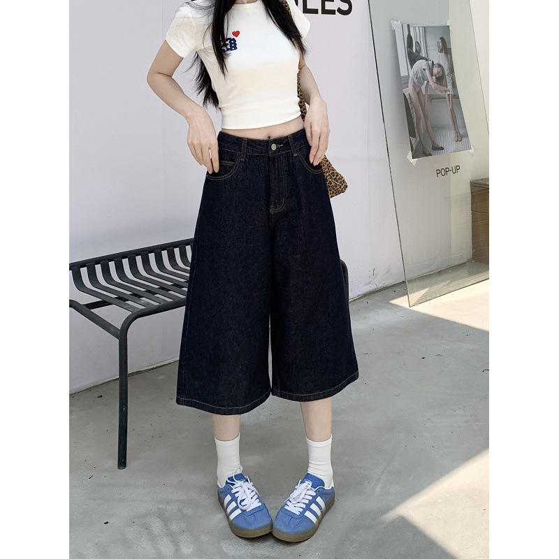 Dark Blue Denim Cropped Pants for Women Summer Retro High-Waisted Loose Wide-Leg Slim Straight Pants
