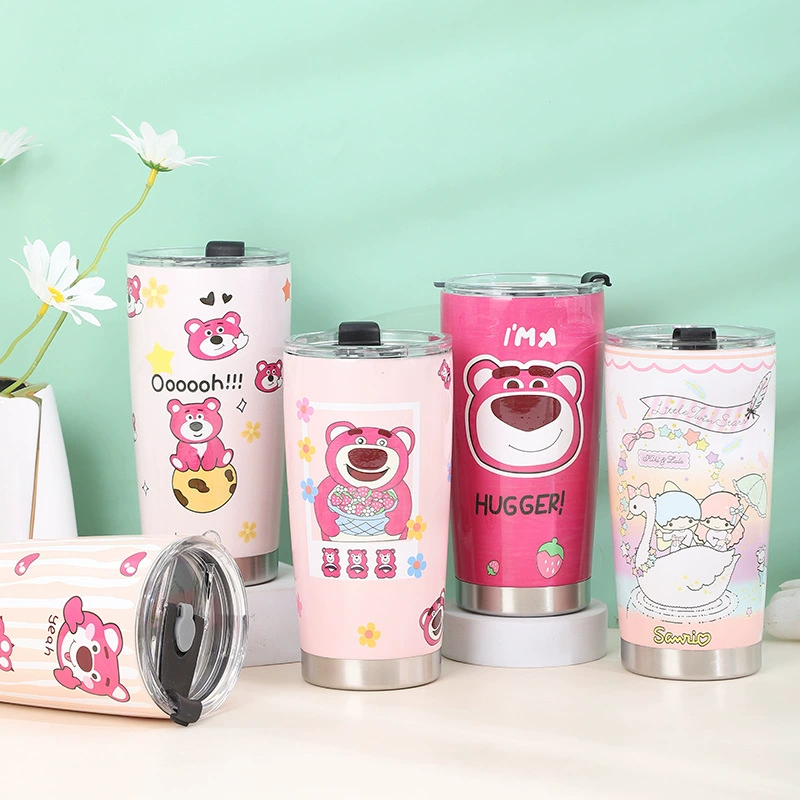 Трансграничная 20 унций Автомобильная чашка клубничный медведь Вакуумная чашка 304 из нержавеющей стали для мороженого пластиковый двухслойный автомобильный стаканчик с рисунком