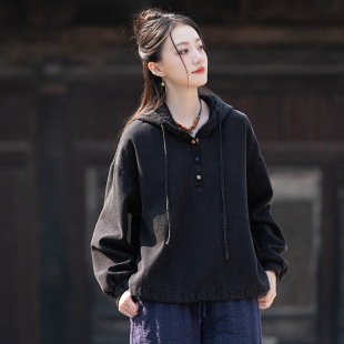 25 Winter Heavy Industry Fried Color Plus Velvet Thickened Personalized Hooded Top Bottoming Shirt Women's Cotton and Linen Disc Button Pullover Warm Cotton Coat