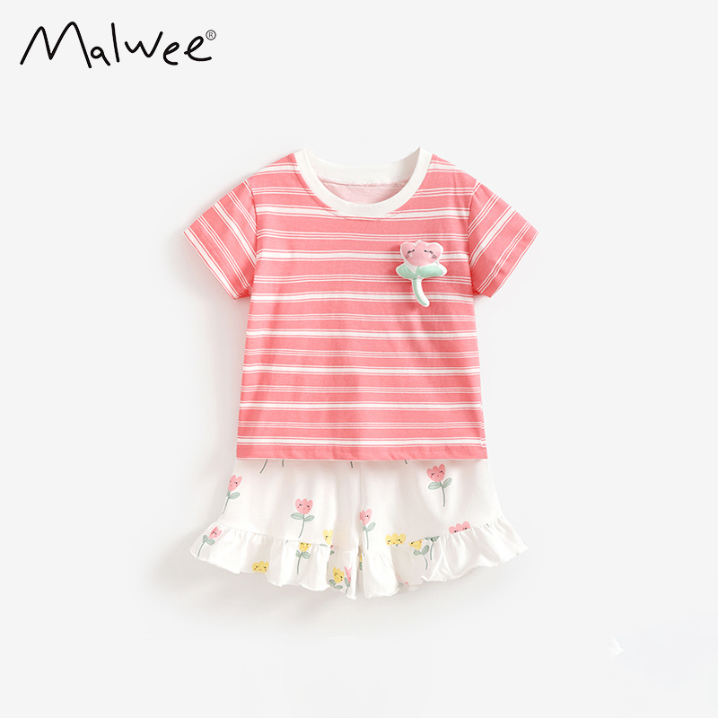 Transfronterizo malawee ropa de niñas de moda set de verano nuevo estilo europeo y americano para niños a rayas de manga corta set de dos piezas