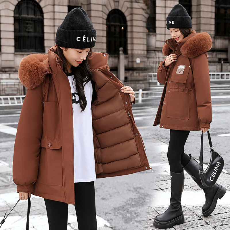 Trajes de mujer transfronterizos de terciopelo grueso para superar el estilo de invierno de 2025 nuevo estilo de cuello de cabello grande delgado abrigo de algodón delgado image 5