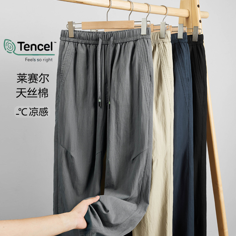 Summer Thin Tencel Lyocell Casual Pants Men's Straight Pants Elastic Waist Cool Breathable Business Pants