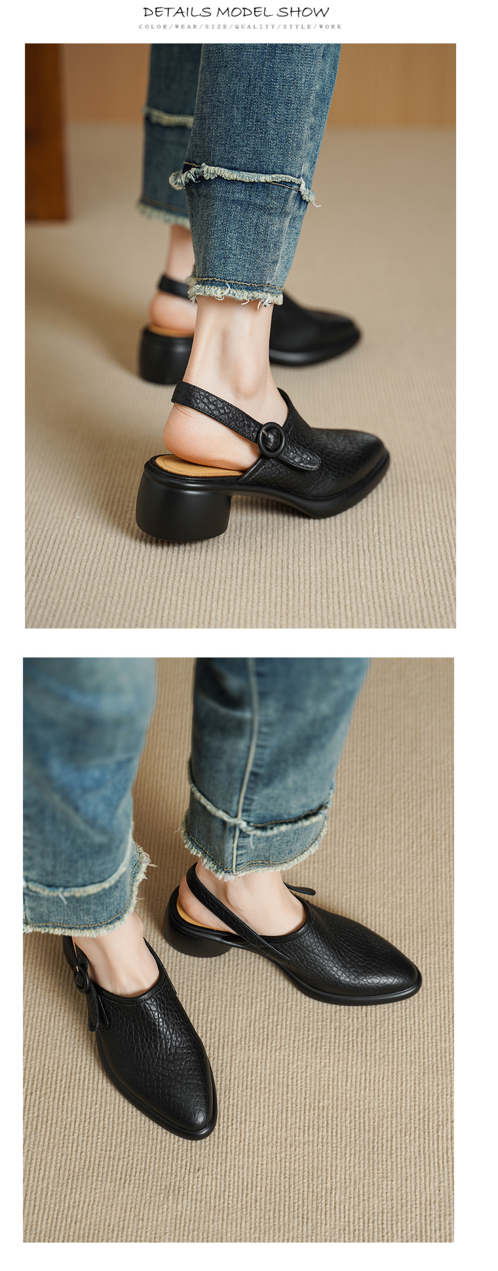 Sandal nữ da dê mũi tròn gót vuông cao 7 cm quai ngang khóa một chữ — đen chi tiết 10