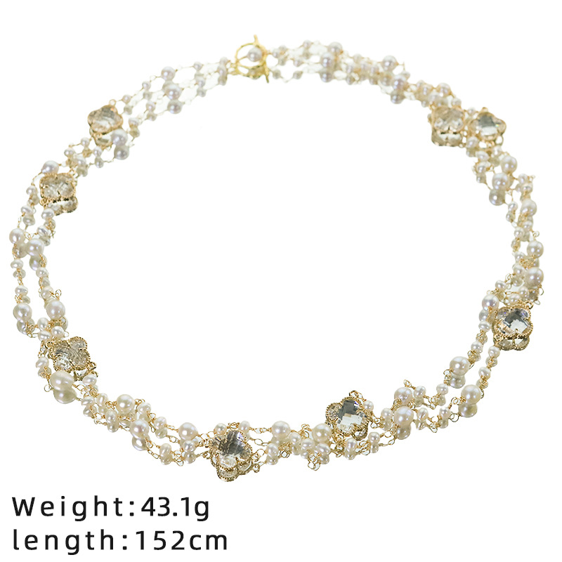 Perla natural de cuatro hojas de vidrio largo collar de suéter collar de lujo ligero hecho a mano alta sensación de moda collar de collar versátil image 5