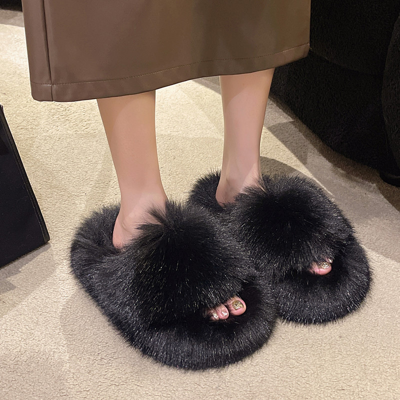 High-end long-haired white fur shoes women's shoes 2024 autumn and winter outer wear fluffy plush flat cotton slippers