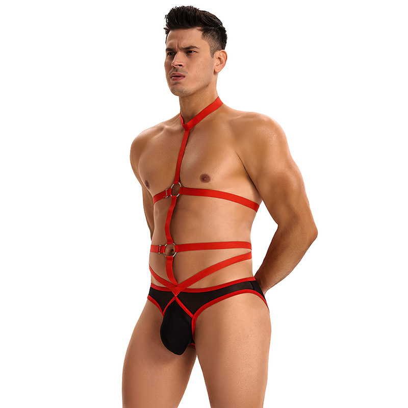 Europa y los Estados Unidos al por mayor transfronterizos hombres sexy ropa interior cuello colgante SM bondage camiseta U bolsillo convexo ropa interior