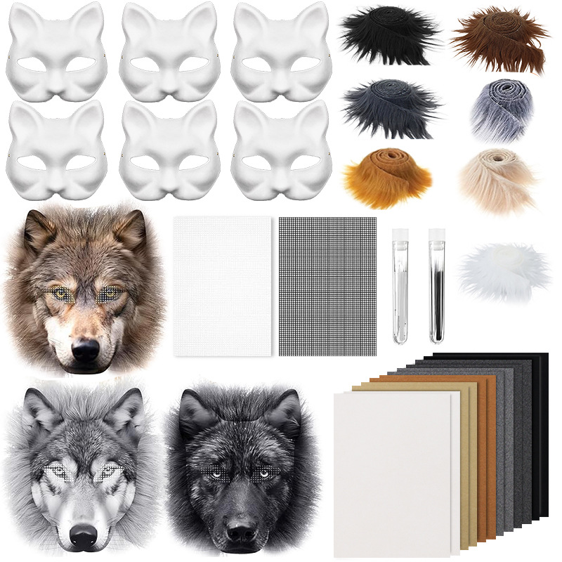 Máscara de pulpa blanca DIY transfronteriza mitad cara cara de gato cara de zorro máscara de terciopelo decoración de cabeza de bestia máscara de pintura a mano