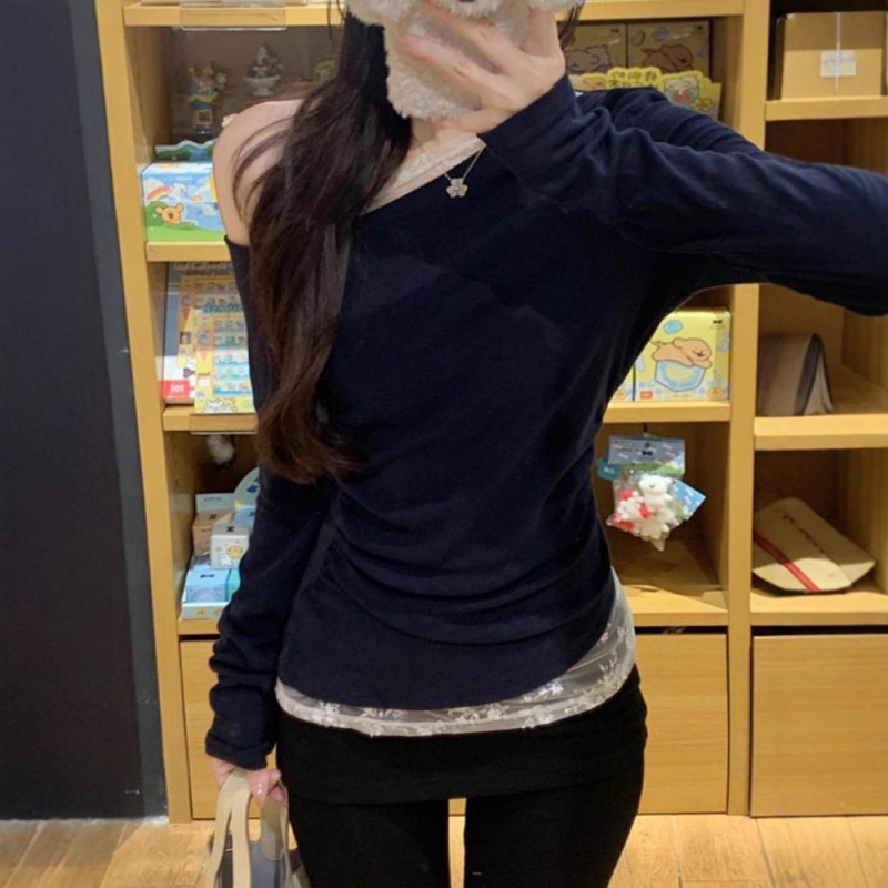 New White Lace Off-Shoulder Long-Sleeve T-Shirt for Women, Autumn Slim-Fit Base Shirt, One-Shoulder Top, Trendy New White Lace Off-Shoulder Long-Sleeve T-Shirt for Women, Autumn Slim-Fit Base Shirt, One-Shoulder Top, Trendy