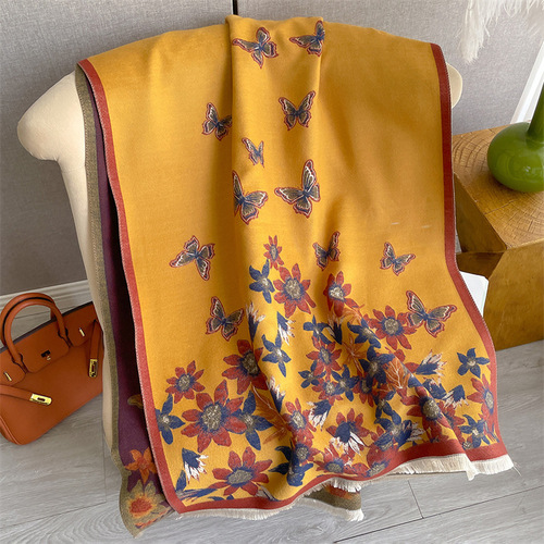 Elegant socialite butterfly flower print scarf for women thickened warm imitation cashmere scarf double-sided versatile shawl