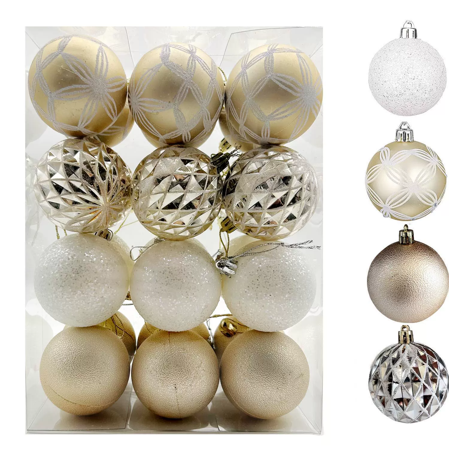 现货圣诞节6cm24个浅香槟白异形彩绘圣诞球挂饰套装 圣诞树挂件配