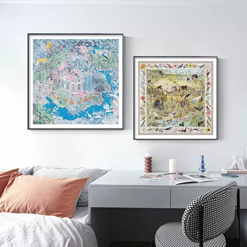 爱马仕丝巾挂画艺术画客厅沙发背景墙装饰画轻奢艺术卧室玄关壁画